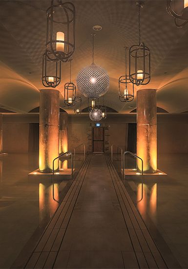 underground epsom salt pool with golden lights