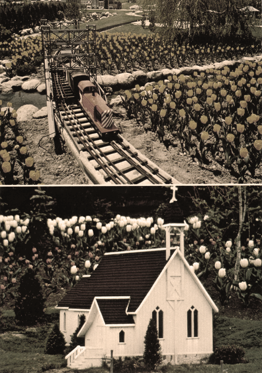 an old black and white photo of the cullen gardens and miniature village