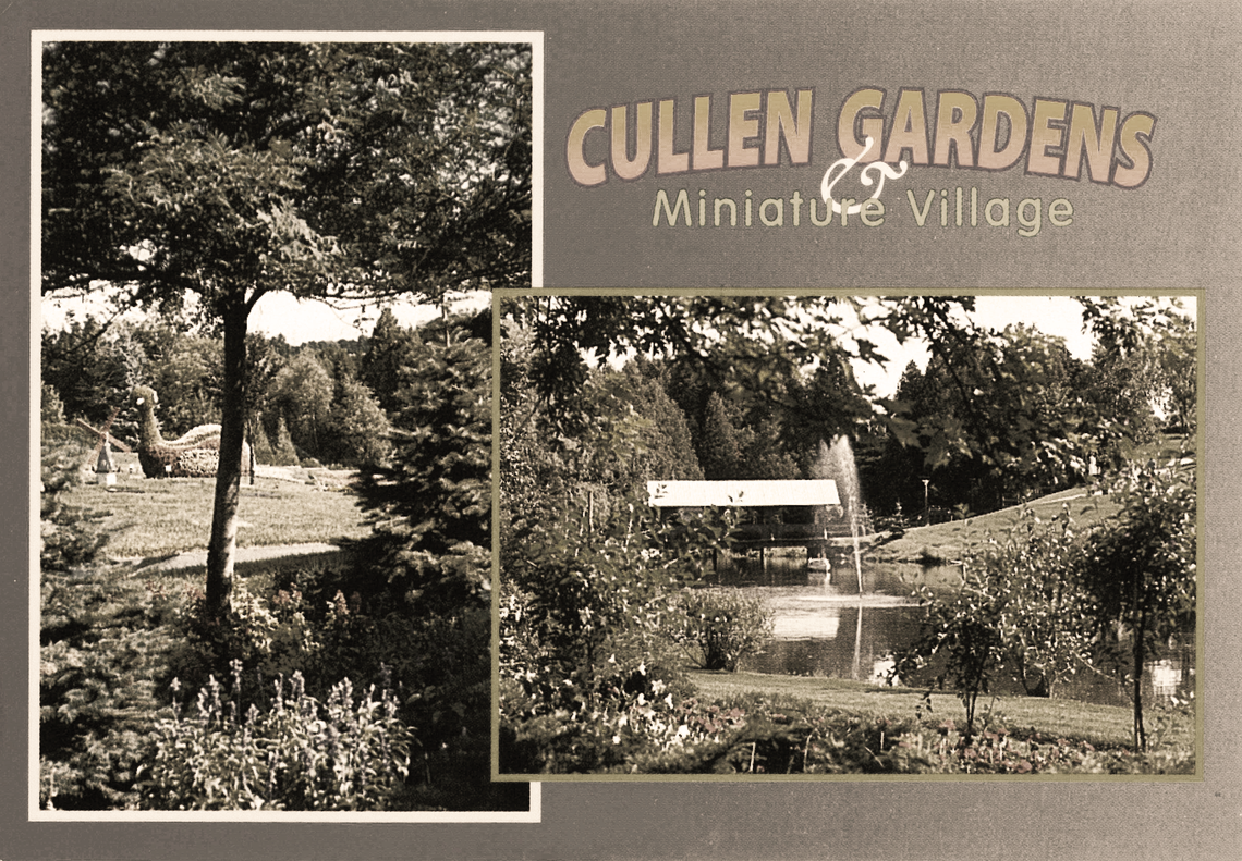 a collage of old black and white photos of the cullen gardens and miniature village
