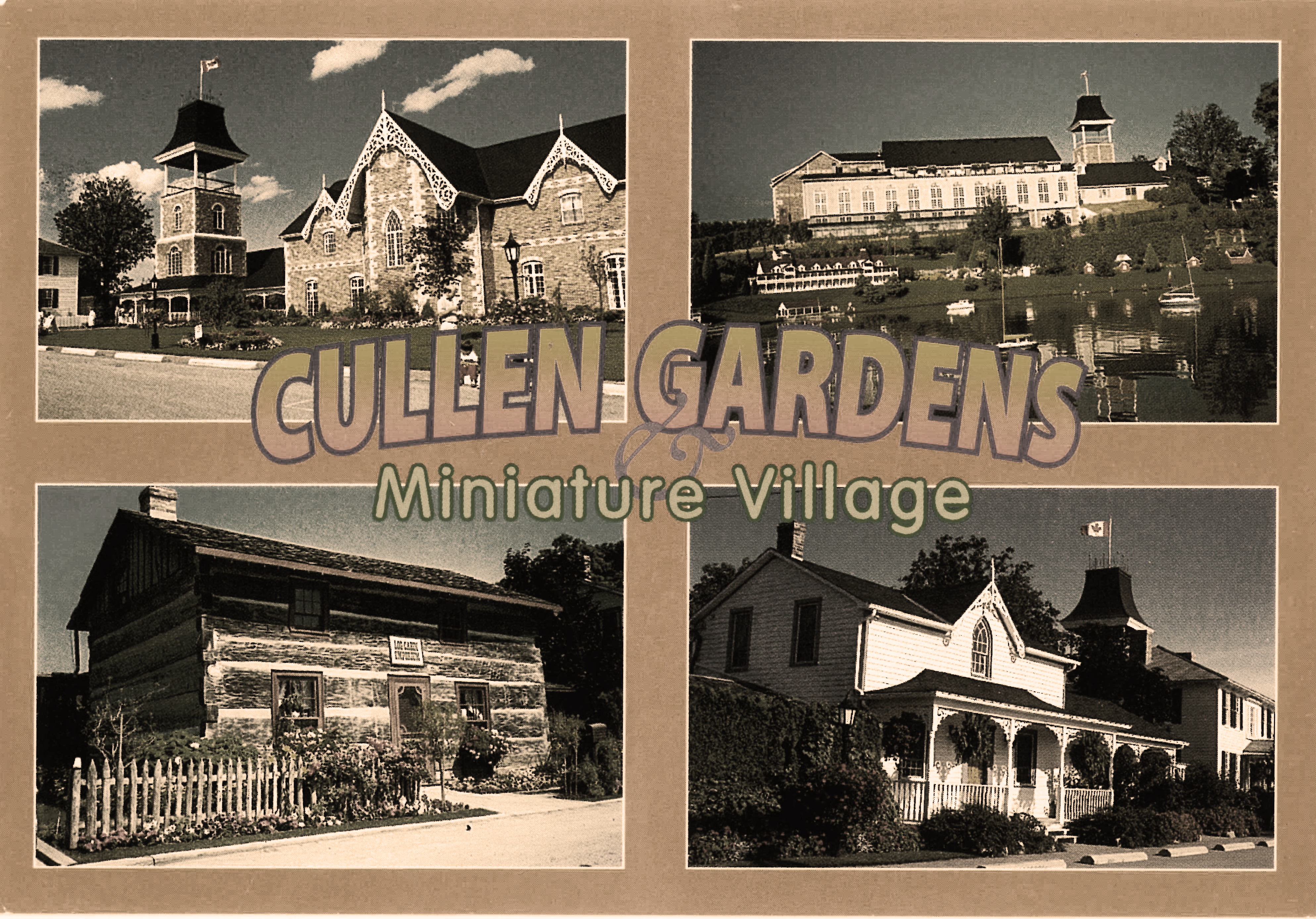 a collage of old black and white photos of the cullen gardens and miniature village