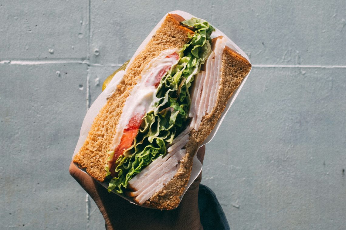 someone holding a turkey sandwich