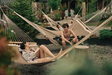 guests enjoying the hammocks