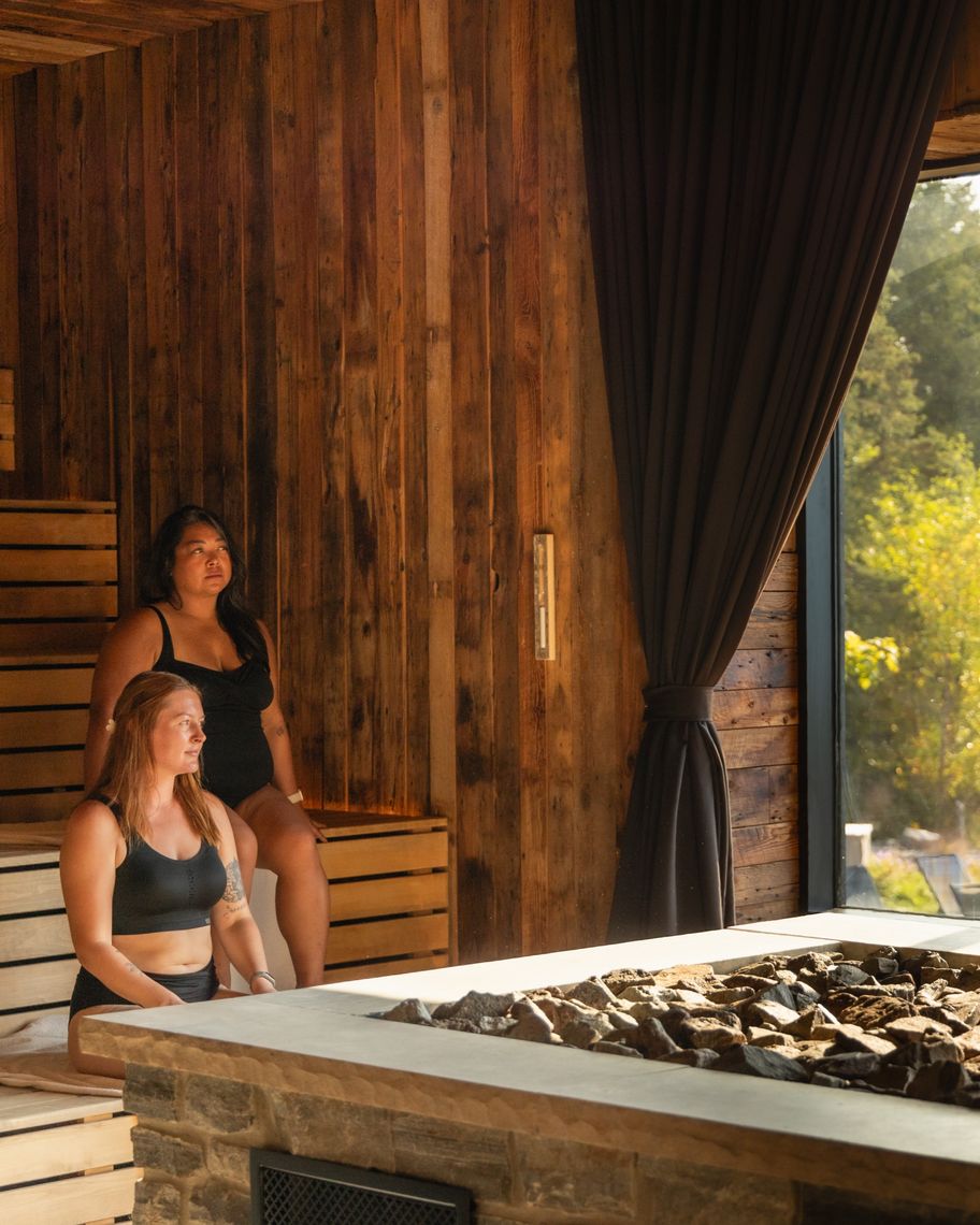 guests looking out a sauna