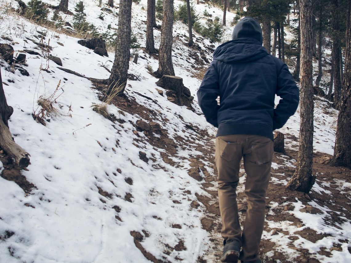 person hiking in a wintry forest