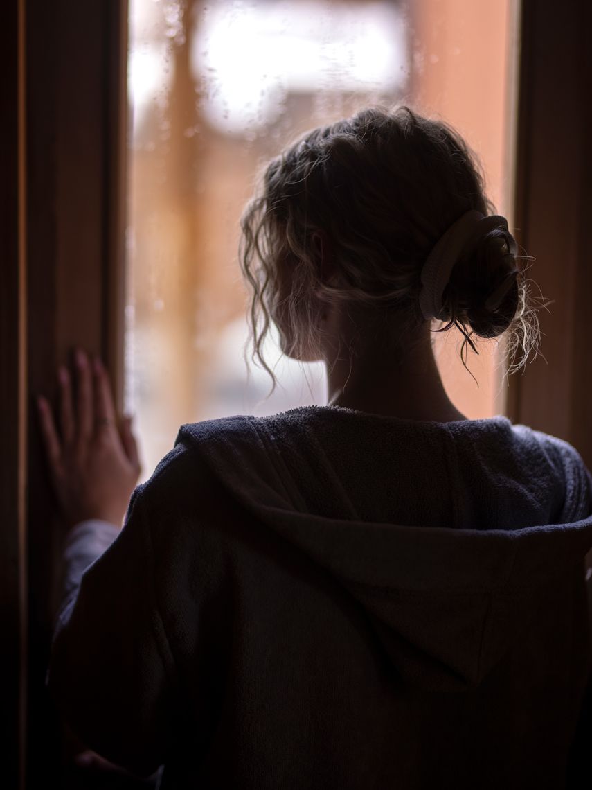 woman exiting a sauna