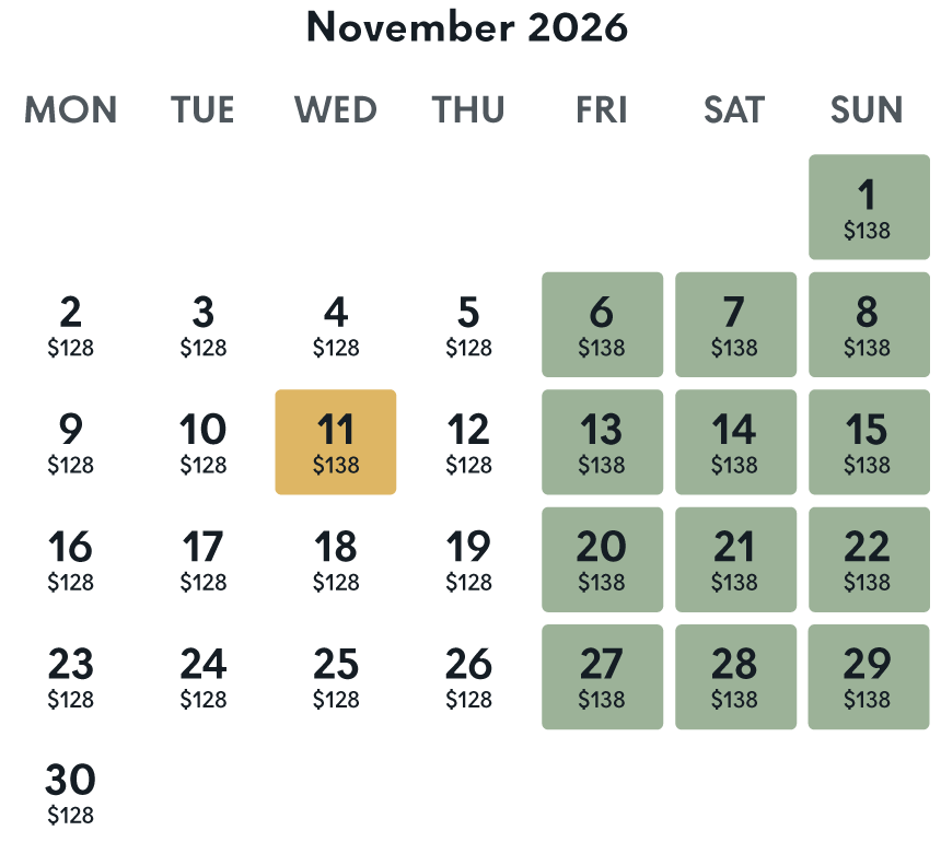 november 2026 rate calendar whitby