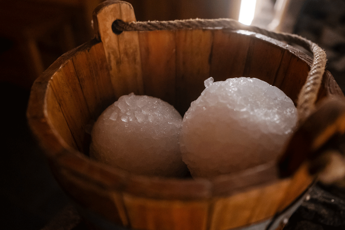 wooden bucket with snowballs