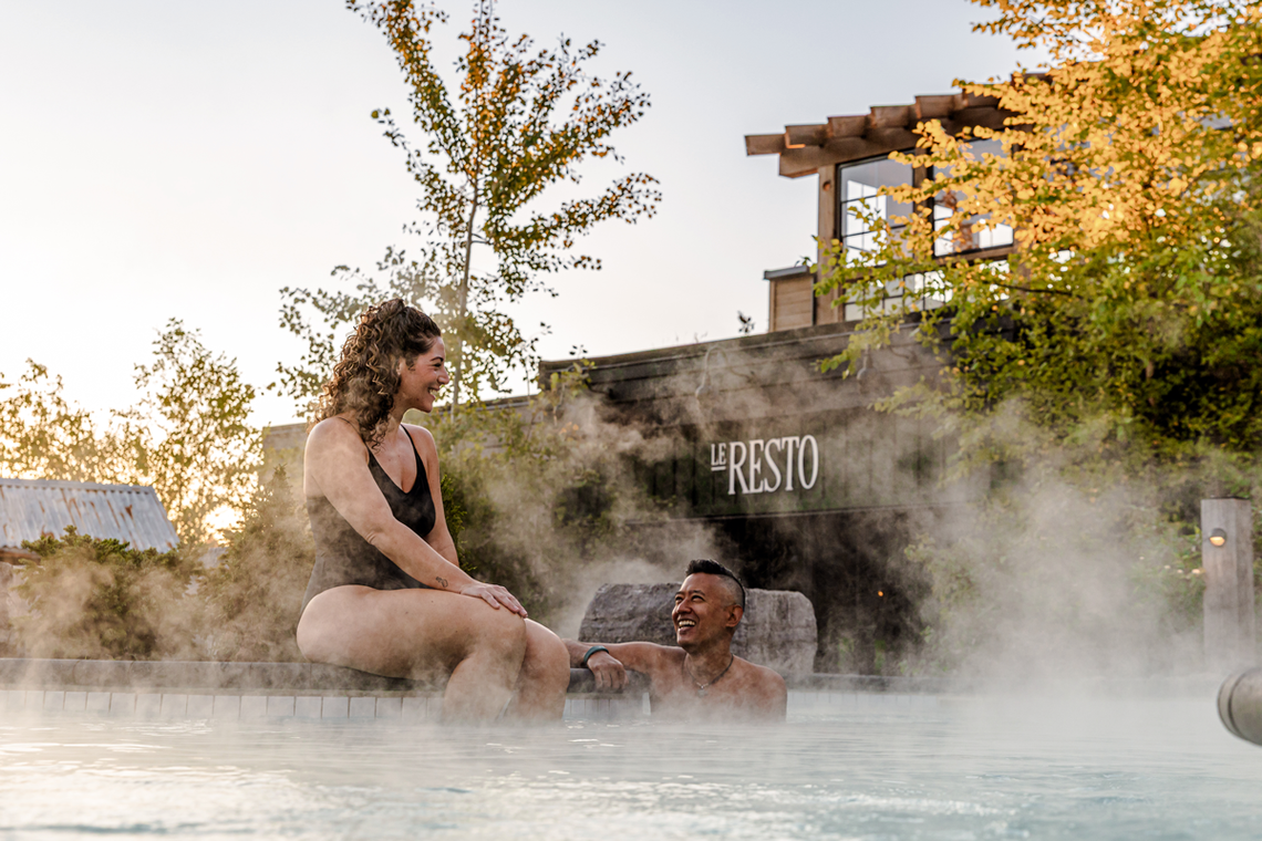 Guests in a steamy bath in fall