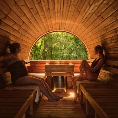 guests in a windowed dry sauna