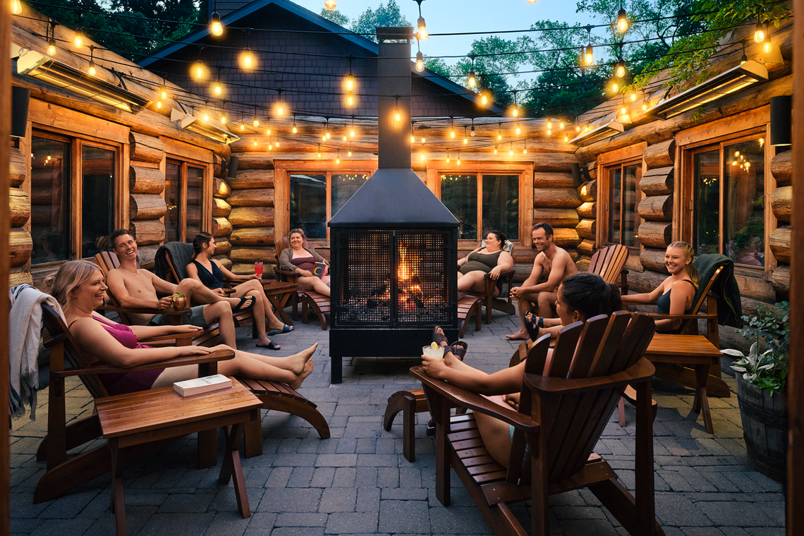 guests chatting and relaxing around a fire pit