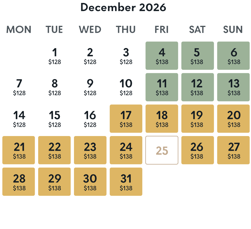 december 2026 rate calendar whitby